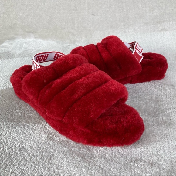 UGG Fluff Yeah Womens Slide Slippers 12 Red Sheepskin Slingback Platform NEW - Picture 3 of 11